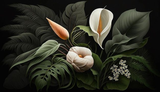 Une peinture de fleurs et de feuilles avec une fleur blanche.