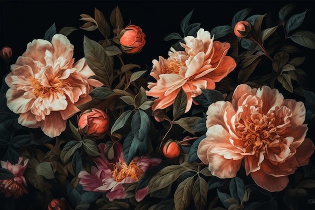 Une peinture de fleurs avec des feuilles et des fleurs génératives ai