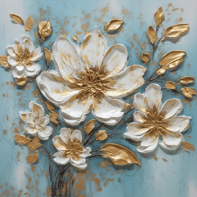 Une peinture de fleurs avec des feuilles d'or sur le fond.