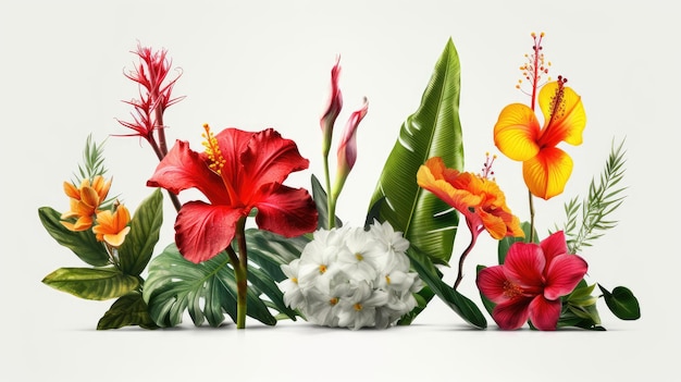 Une peinture de fleurs et de feuilles tropicales.