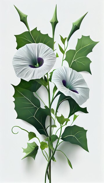 Une peinture de fleurs avec des feuilles vertes et des fleurs blanches.