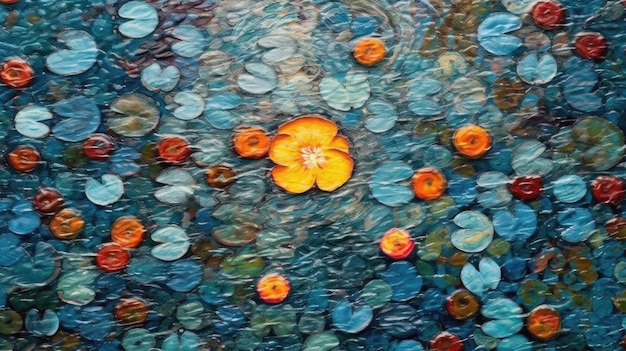 Une peinture de fleurs flottant sur l'eau avec un fond bleu.