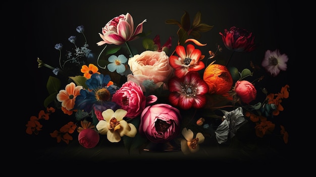 Une peinture de fleurs avec un fond sombre