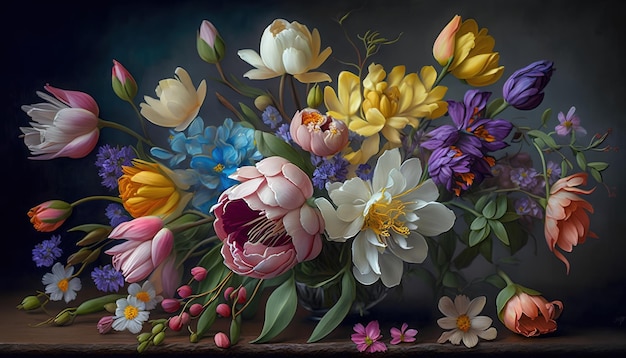 Une peinture de fleurs sur fond sombre