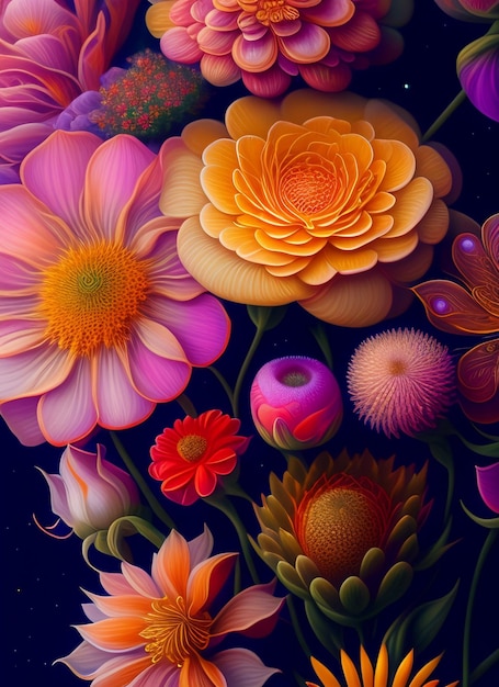 Une peinture de fleurs avec un fond violet et une fleur rose.