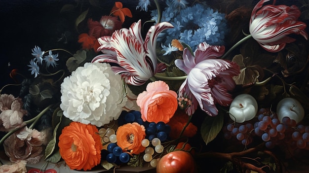 Photo une peinture de fleurs et de fruits dans un vase