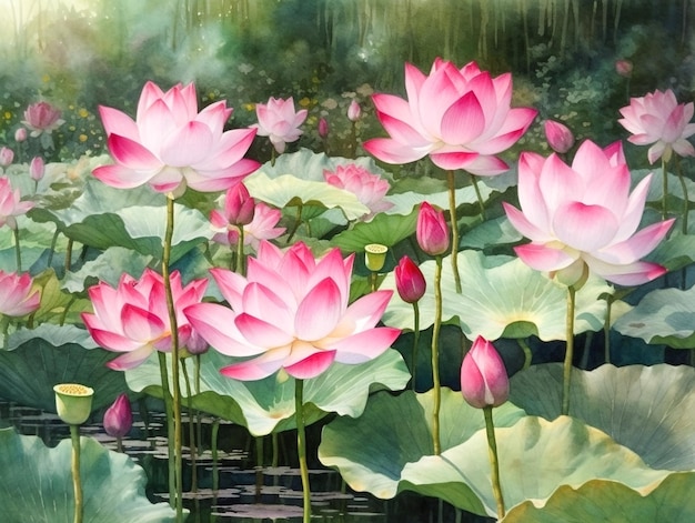 Une peinture de fleurs de lotus dans un étang