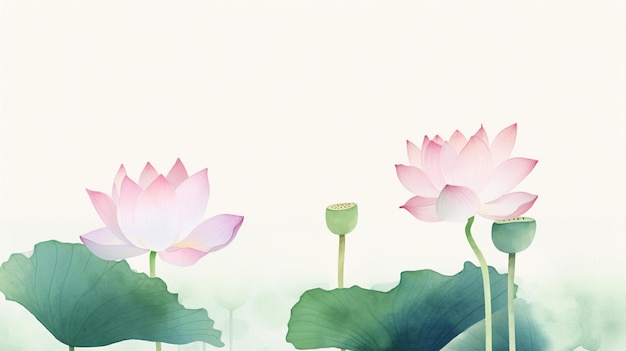 Une peinture de fleurs de lotus avec une feuille verte en arrière-plan.