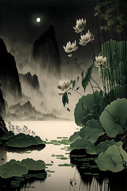 Une peinture de fleurs de lotus et une montagne en arrière-plan