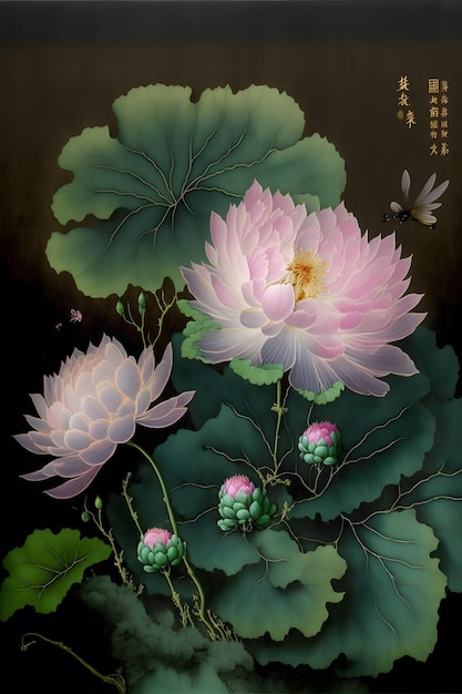 Une peinture de fleurs de lotus avec une mouche dessus