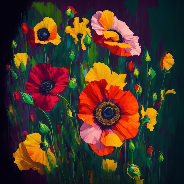 Une peinture de fleurs avec le mot coquelicot dessus