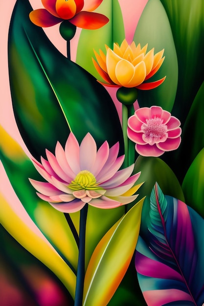 Une peinture de fleurs avec le mot lotus dessus