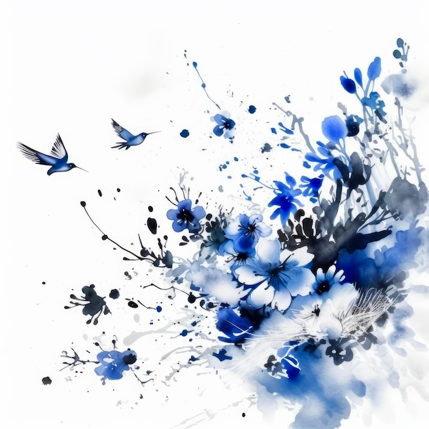 Une peinture de fleurs avec des oiseaux bleus dessus