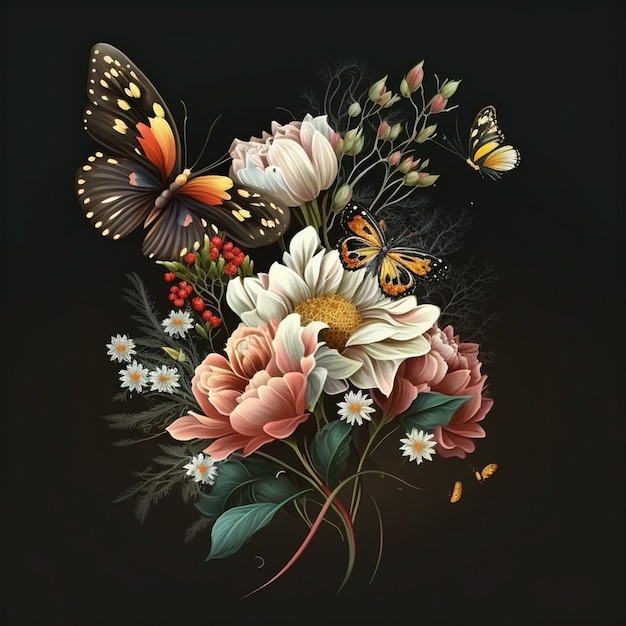 Une peinture de fleurs avec un papillon dessus