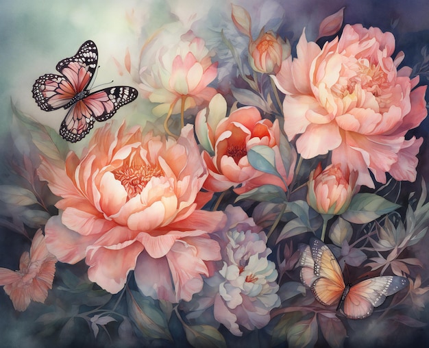 Une peinture de fleurs avec un papillon dessus