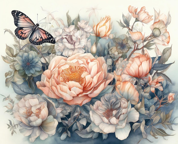 Une peinture de fleurs avec un papillon dessus