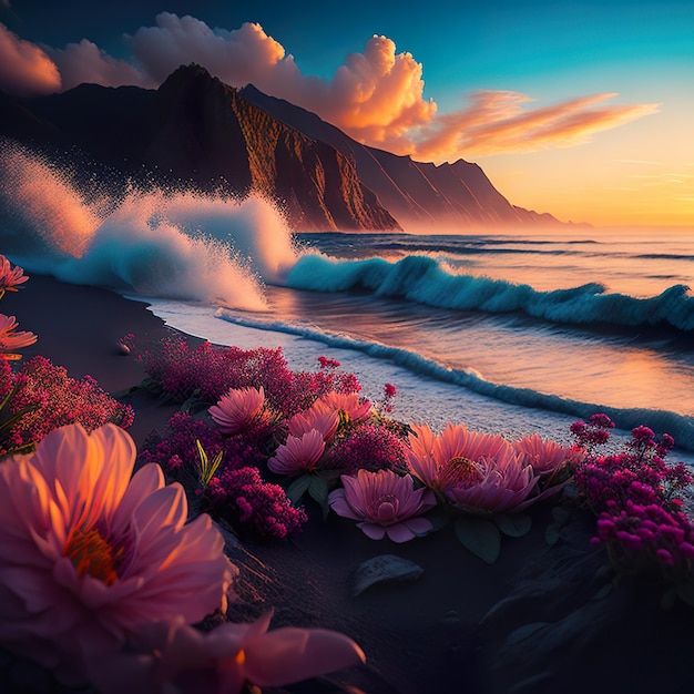 Une peinture de fleurs sur une plage avec des montagnes en arrière-plan.