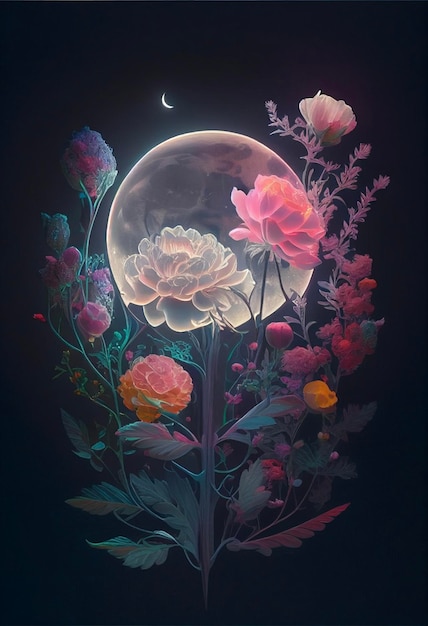 Peinture de fleurs avec une pleine lune en arrière-plan ai générative