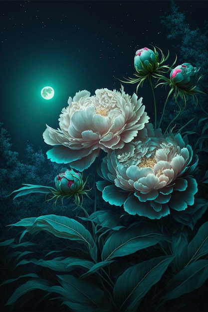 Peinture de fleurs avec une pleine lune en arrière-plan ai générative