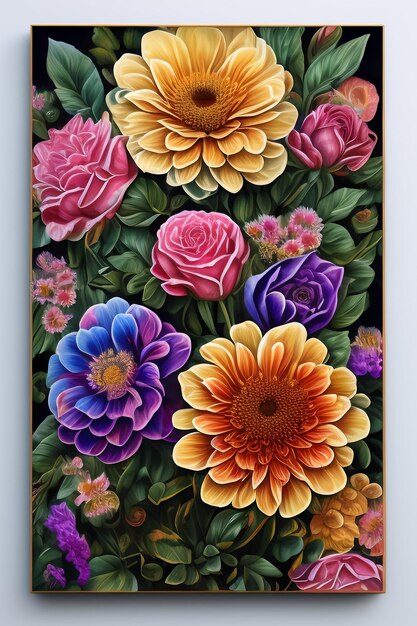 Une peinture de fleurs qui est sur un mur