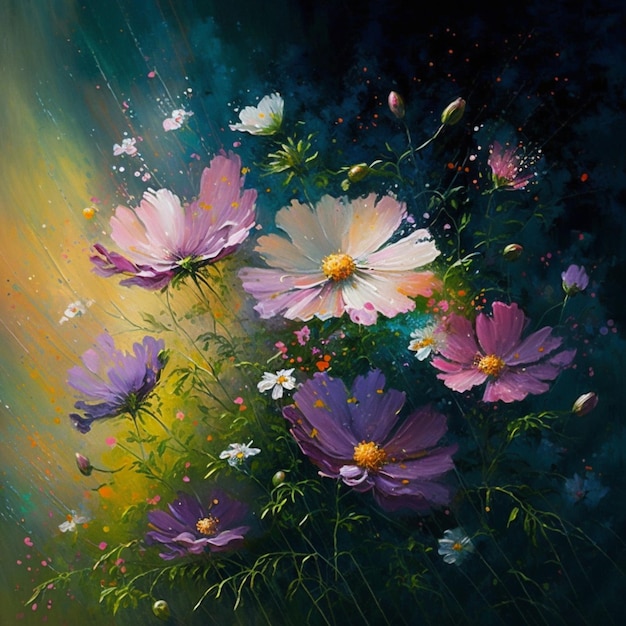 Une peinture de fleurs qui s'intitule 'cosmos'