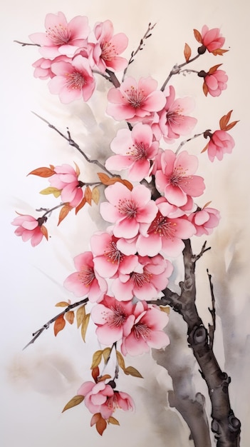 Une peinture de fleurs roses sur une branche image générative ai