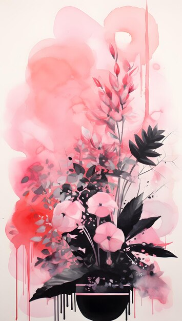 une peinture de fleurs roses avec des feuilles noires et des fleurs roses.