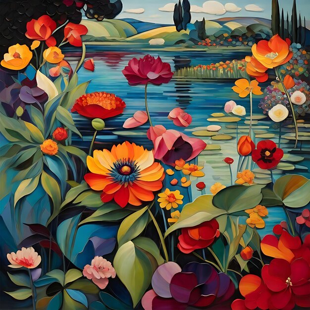 Peinture de fleurs avec un ruisseau et un ciel bleu et une colline