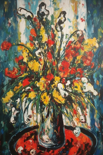 Une peinture de fleurs sur une table avec un vase de fleurs dessus.