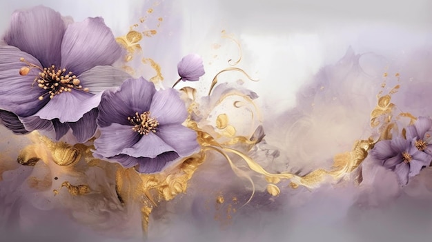 Une peinture de fleurs violettes avec des feuilles d'or