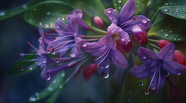 Une peinture de fleurs violettes avec des gouttes d'eau sur le fond.