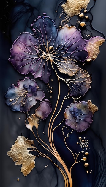 Une peinture de fleurs violettes avec des perles d'or.