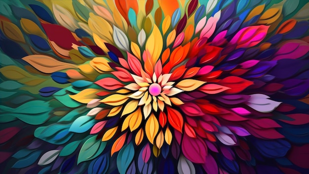 Une peinture florale colorée avec une fleur au centre.