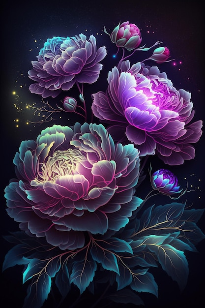 Une peinture florale colorée avec un fond noir et une fleur rose sur la gauche.