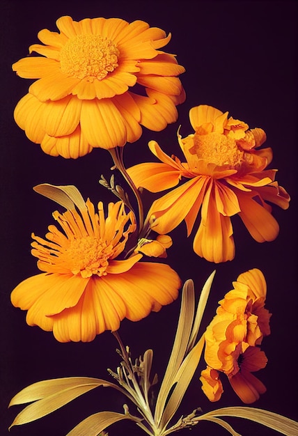 Peinture florale réaliste d'un bouquet de fleurs de souci sur fond sombre concept botanique de mauvaise humeur