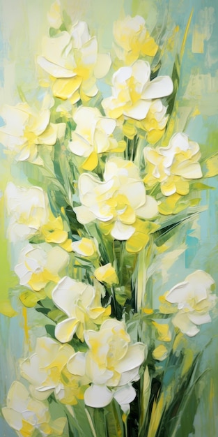 Peinture florale vibrante de fleurs blanches et jaunes dans un style d'impasto énergique