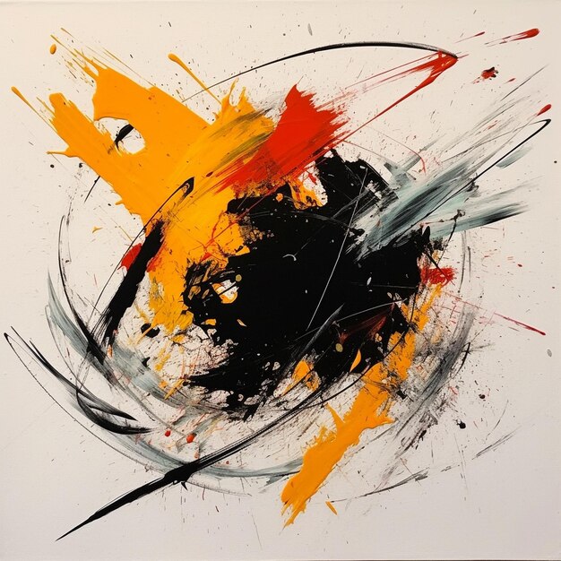 une peinture d’un fond abstrait rouge et orange avec un cercle noir au milieu.