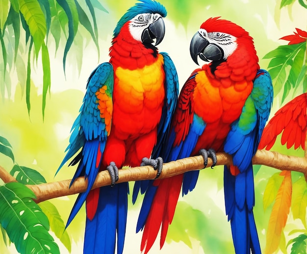 Photo peinture de fond d'oiseaux ara de forêt incroyable multicolore naturel sur papier image aquarelle hd