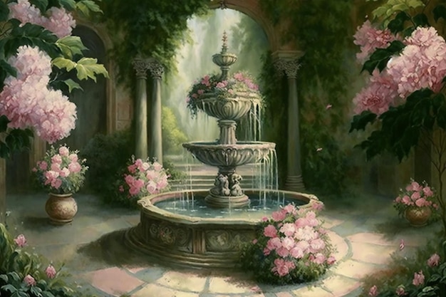 Une peinture d'une fontaine dans un jardin avec des fleurs et une fontaine.