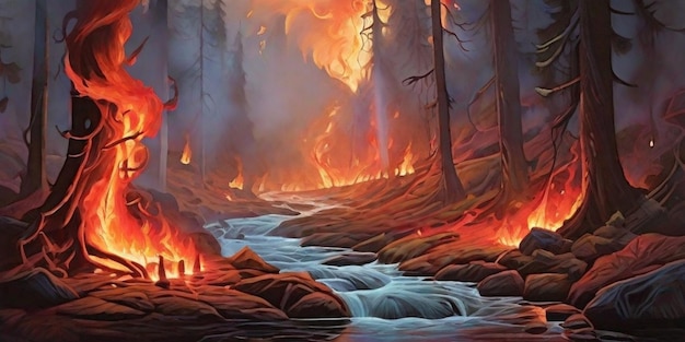 Une peinture forestière avec des éléments contrastés de feu et d’eau