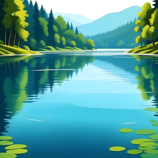 une peinture d'une forêt avec des arbres et un lac avec une forêt en arrière-plan