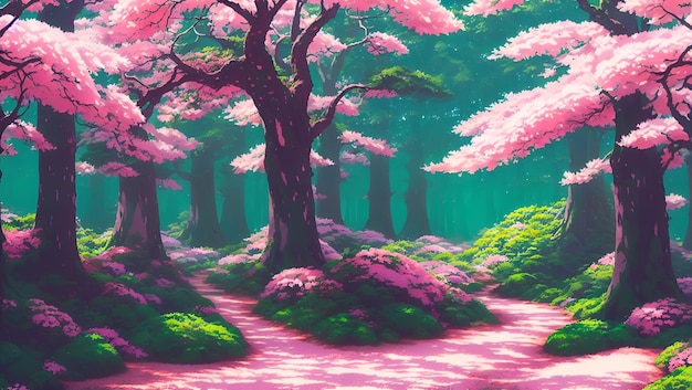 Une peinture d'une forêt avec des arbres roses et le mot rose dessus.