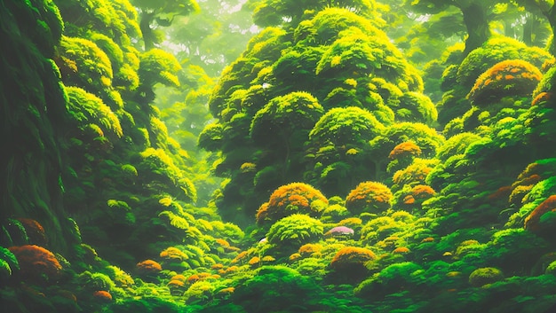 Une peinture d'une forêt avec des arbres verts et un fond vert.