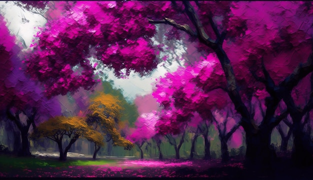 Photo une peinture d'une forêt avec des arbres violets et un arbre rose.