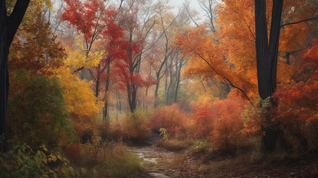 Une peinture d'une forêt aux couleurs d'automne.