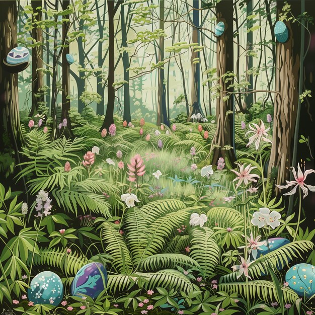 peinture d'une forêt avec beaucoup de plantes et de fleurs générative ai