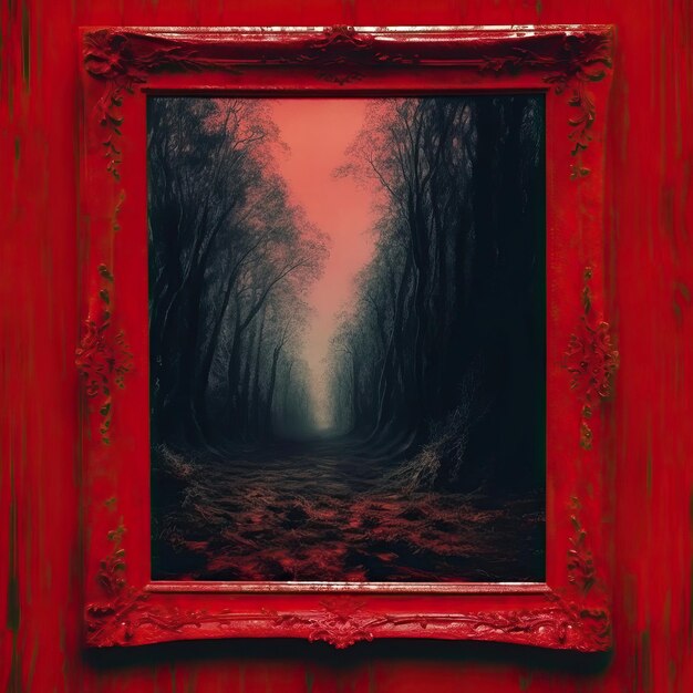 Une peinture d'une forêt avec un cadre rouge sur le mur.