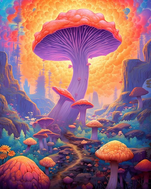Une peinture d'une forêt avec un champignon coloré et une rivière en arrière-plan
