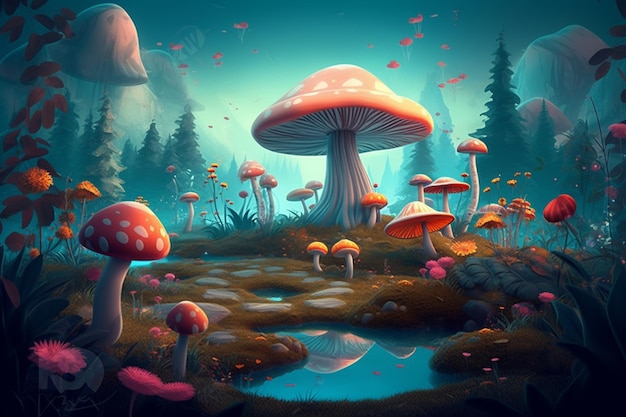 Une peinture d'une forêt avec un champignon et un étang.