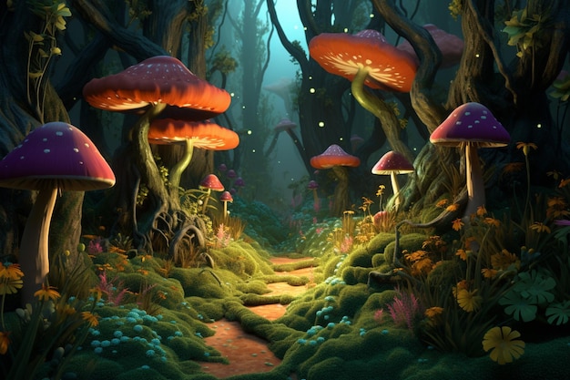 Une peinture d'une forêt avec des champignons et un ciel bleu.